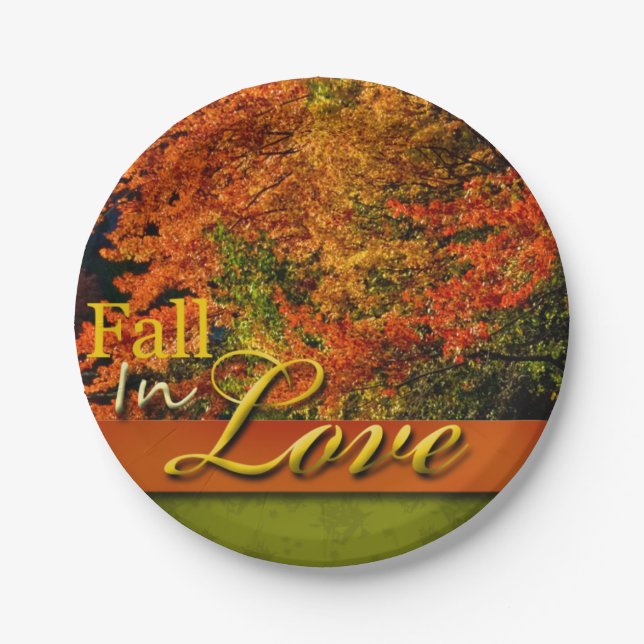 Fall In Love Scenic Rustic Wedding Photo Autumn Paper Plates (Front)