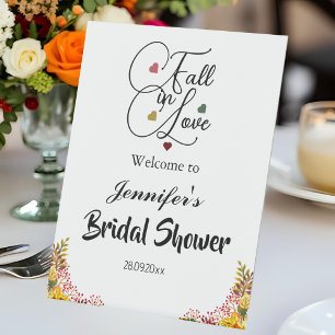 Fall in Love Script Bridal Shower Welcome Tabletop Pedestal Sign