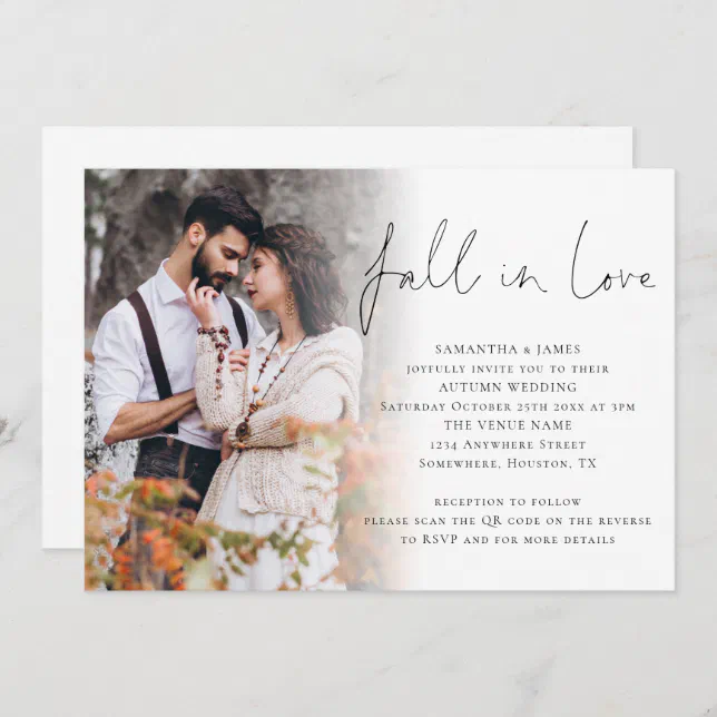Fall In Love Script Photo Overlay QR Code Wedding Invitation | Zazzle