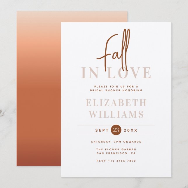 Fall In Love Simple Modern Autumn Bridal Shower Invitation (Front/Back)