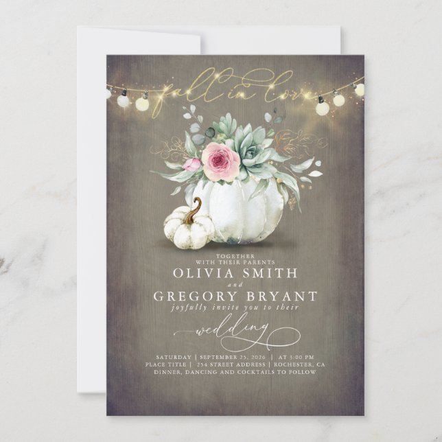 Fall in Love Succulent Pumpkin Rustic Pink Wedding Invitation (Front)