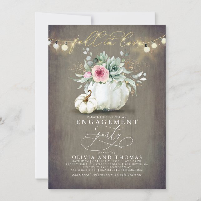 Fall in Love Succulents Pumpkins Engagement Party Invitation (Front)