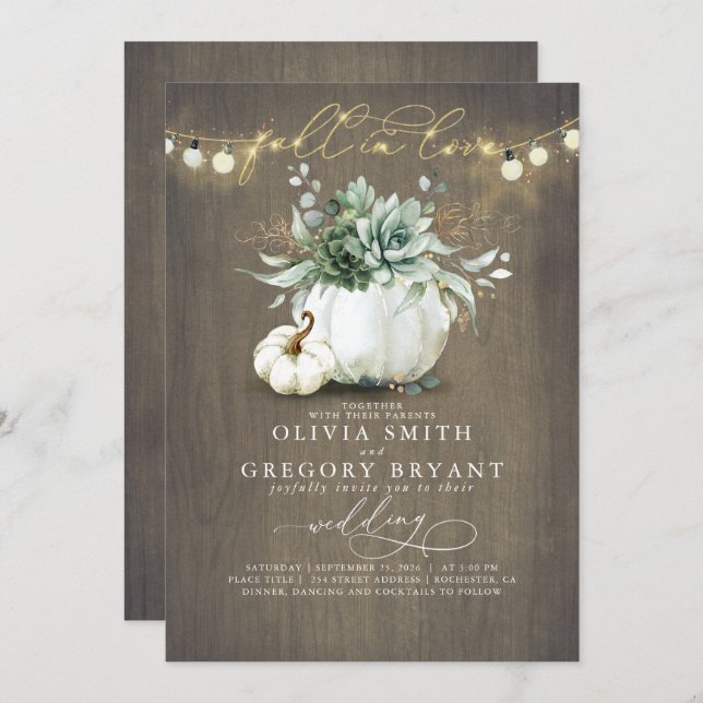 Fall in Love Succulents Pumpkins Rustic Wedding Invitation (Front/Back)
