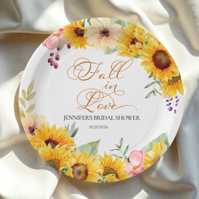 Fall in Love | Sunflower Bridal Shower Paper Plates (Creator Uploaded)