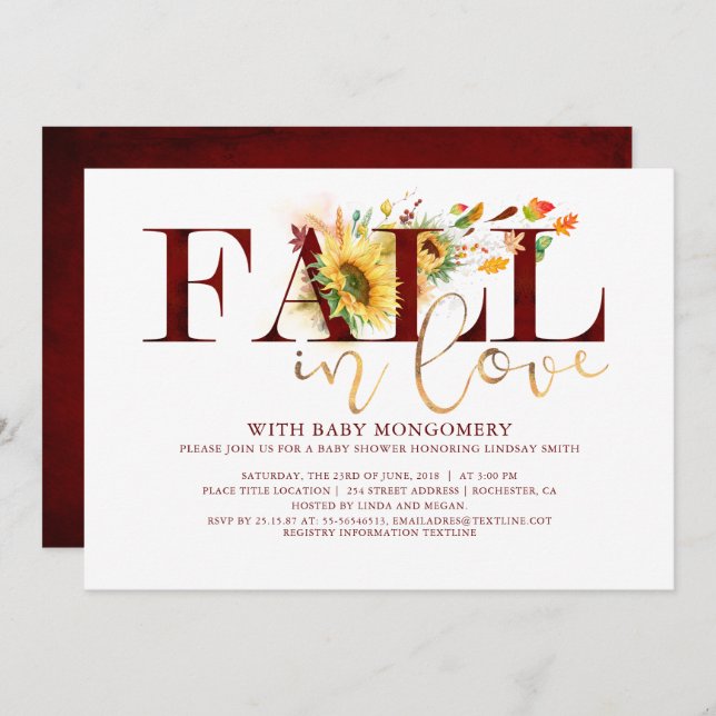 Fall in Love Sunflower Burgundy Floral Baby Shower Invitation (Front/Back)