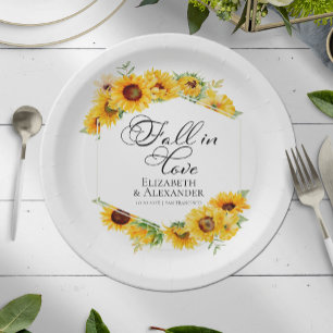 Fall in love     Sunflower Floral Autumn Wedding Paper Plates