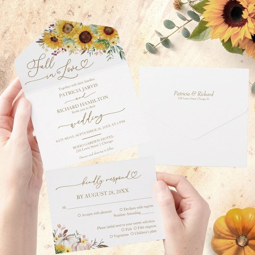 Fall in Love Sunflower Pumpkin Wedding All In One Invitation