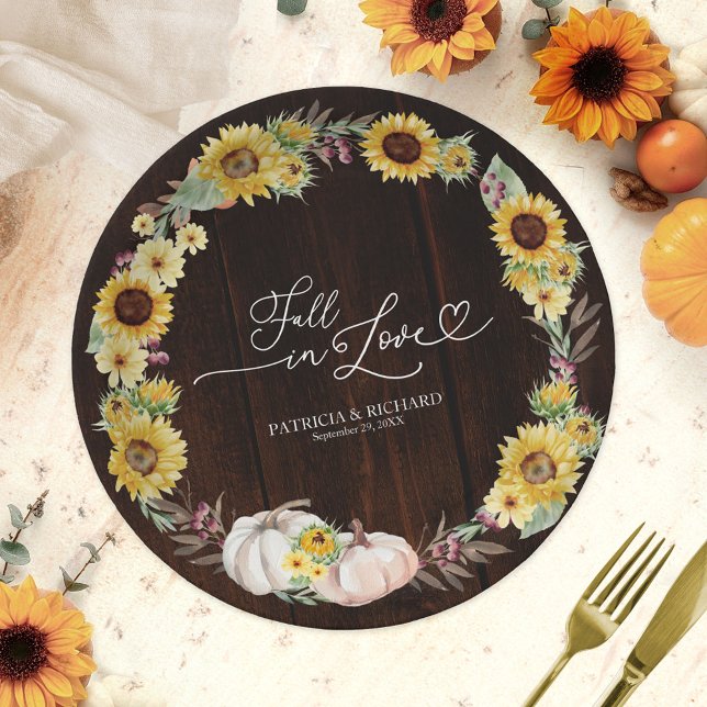 Fall in Love Sunflower Pumpkin Wedding Paper Plates (Creator Uploaded)