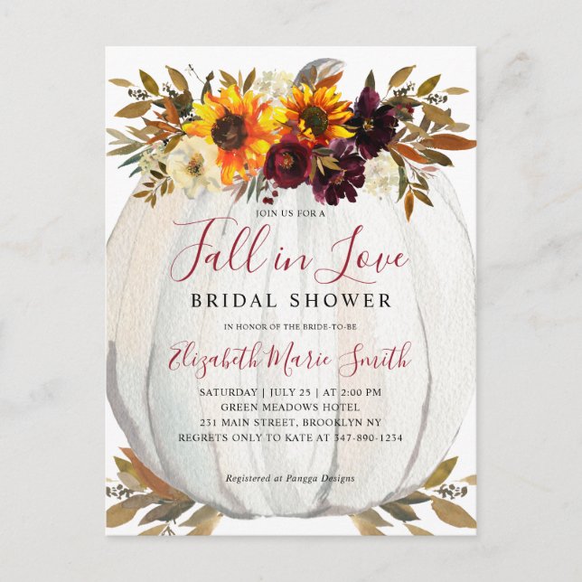Fall in Love Sunflower Red Pumpkin Bridal Shower Postcard (Front)