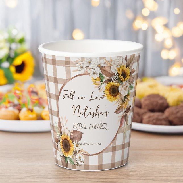 Fall in love sunflowers country bridal shower paper cups (Fall in love sunflowers brown gingham country bridal shower  personalized paper cups)