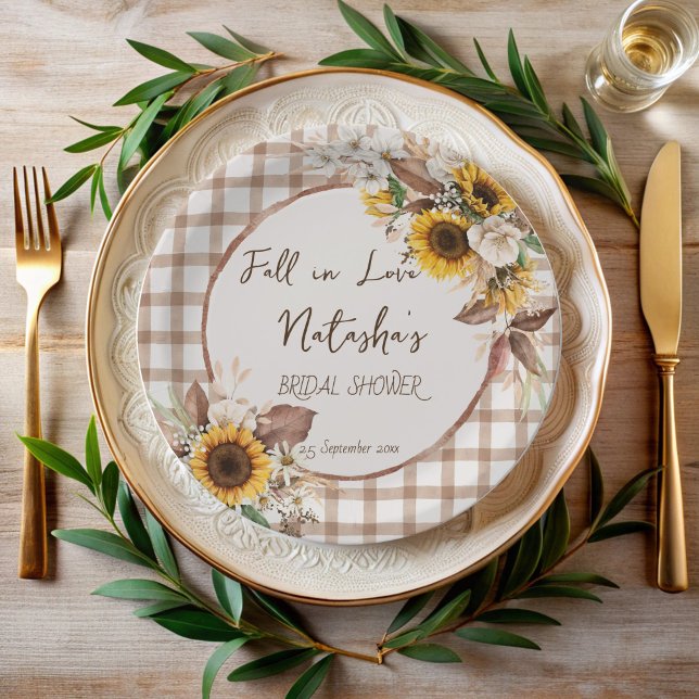 Fall in love sunflowers country bridal shower paper plates (Fall in love sunflowers country bridal shower monogrammed paper plates personalized table decor)