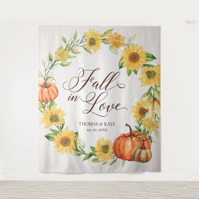 Fall in Love Sunflowers & Pumpkins wedding banner Tapestry (Front)