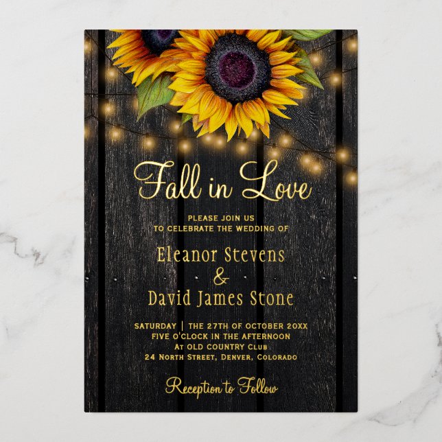 Fall in Love sunflowers rustic wedding gold script Foil Invitation (Front)
