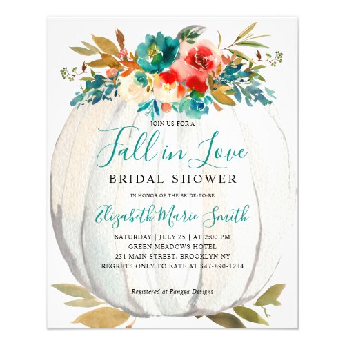 Fall in Love Teal Floral Pumpkin Bridal Shower Flyer