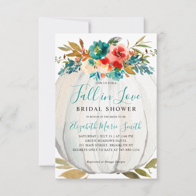Fall in Love Teal Floral Pumpkin Bridal Shower Note Card (Front)