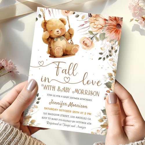 Fall in Love Teddy Bear Autumn Fall Baby Shower  Invitation