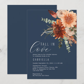 Fall In Love Terracotta Floral Blue Bridal Shower Invitation