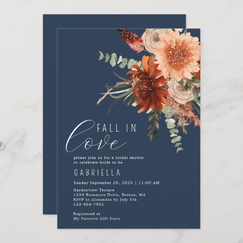 Fall In Love Terracotta Floral Blue Bridal Shower Invitation