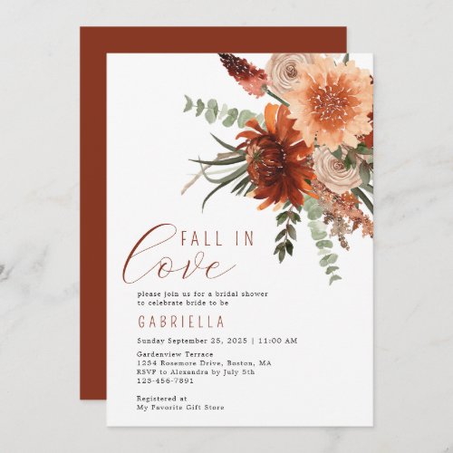 Fall In Love Terracotta Floral Bridal Shower  Invitation