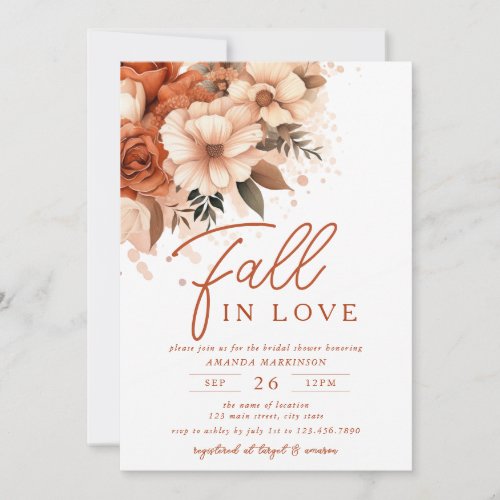 Fall In Love Terracotta Floral Bridal Shower Invitation