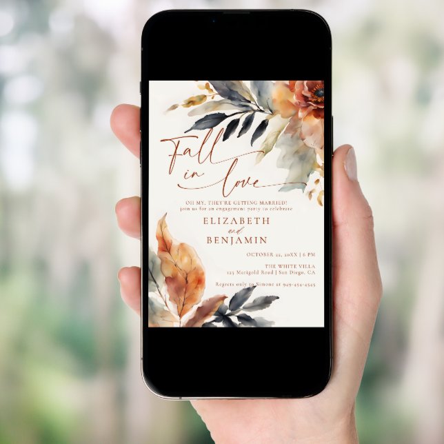 Fall in Love Terracotta Leaves Engagement Party Invitation (Front Digital)
