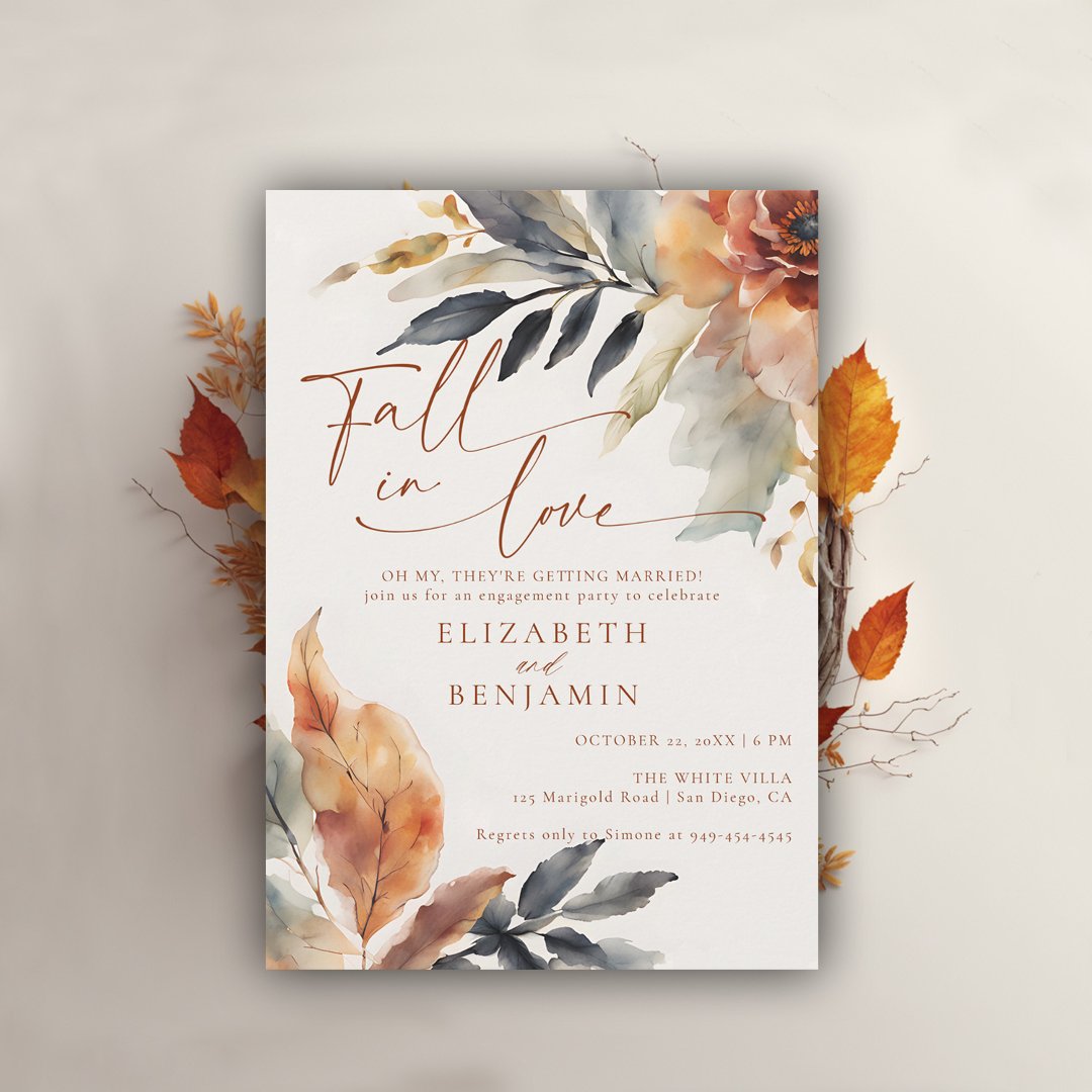 Fall in Love Terracotta Leaves Engagement Party                    Invitation