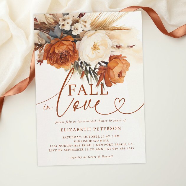 Fall in Love Terracotta Pampas Boho Bridal Shower Invitation — Pencil Owl Studios