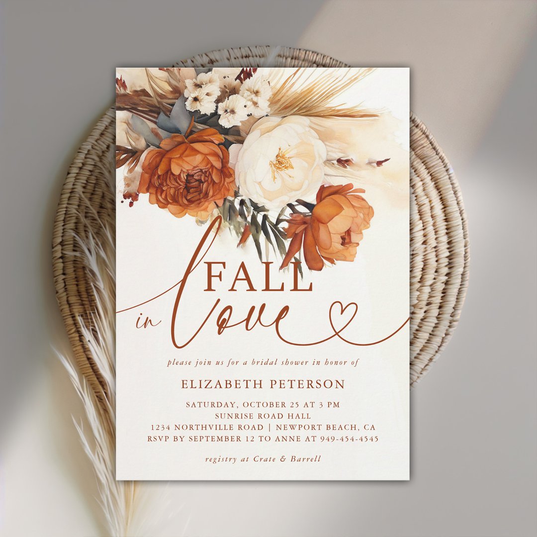 Fall in Love Terracotta Pampas Boho Bridal Shower                    Invitation