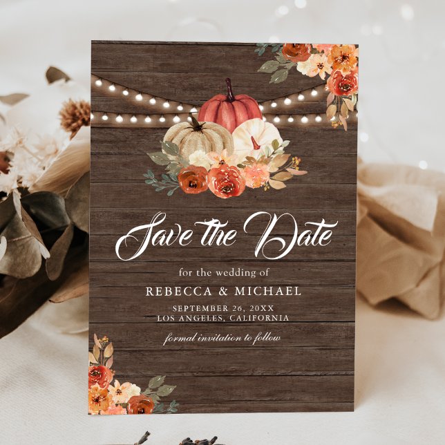 Fall in Love Terracotta Pumpkin Barn Wood Wedding Save The Date (Creator Uploaded)