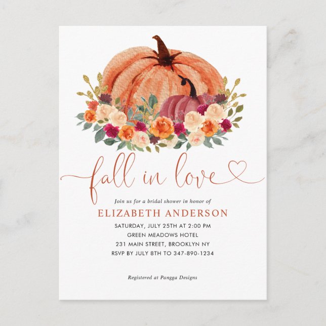 Fall in Love Terracotta Pumpkin Bridal Shower Postcard (Front)