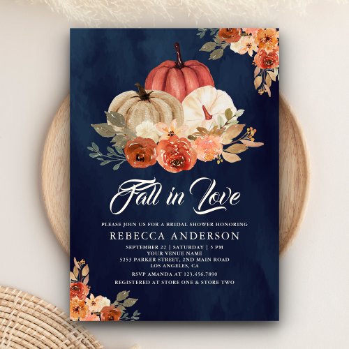 Fall in Love Terracotta Pumpkin Navy Bridal Shower Invitation