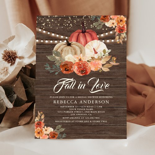 Fall in Love Terracotta Pumpkin Wood Bridal Shower Invitation