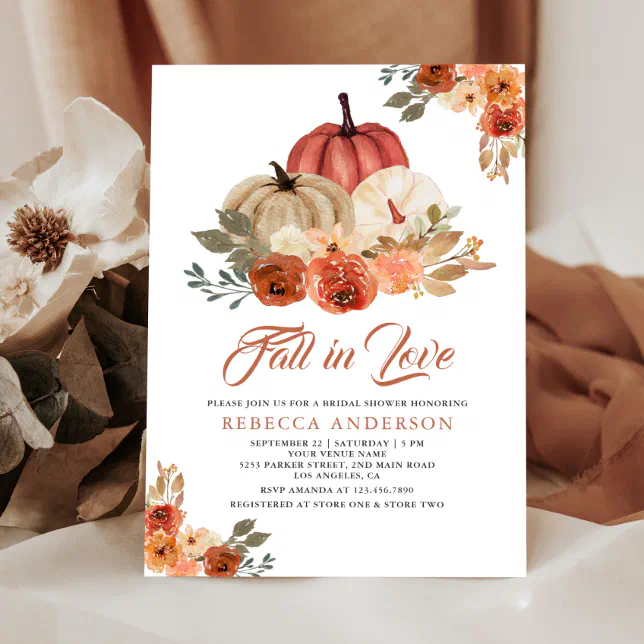 Fall in Love Terracotta Rust Pumpkin Bridal Shower Invitation | Zazzle