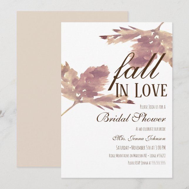 Fall In Love Watercolor Leaf Bridal Shower Invitation (Front/Back)