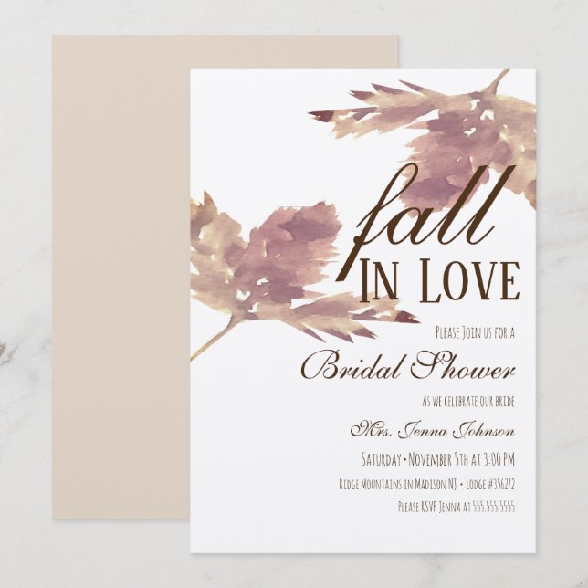 Fall In Love Watercolor Leaf Bridal Shower Rustic Invitation (Front/Back)