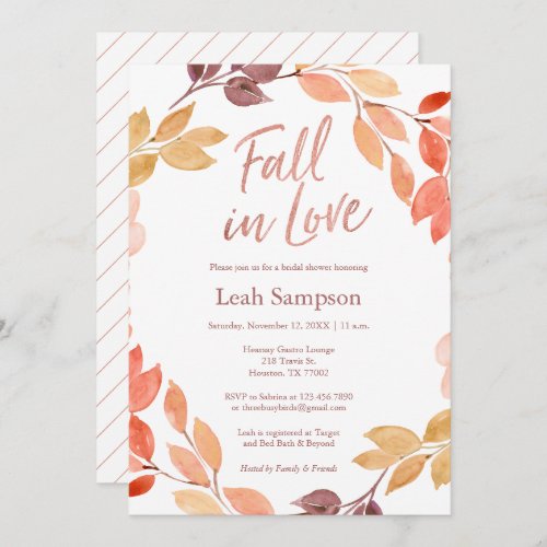 Fall in Love watercolor leaves bridal shower Invitation