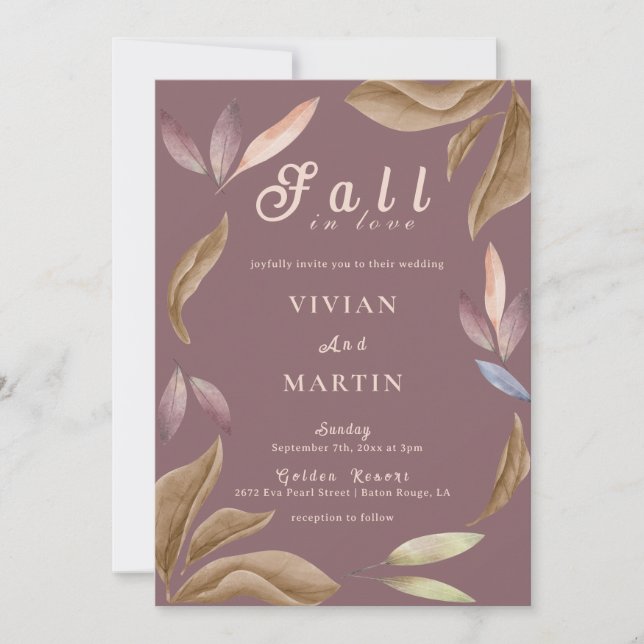 Fall In Love Watercolor Leaves Wedding Invitation (Front)