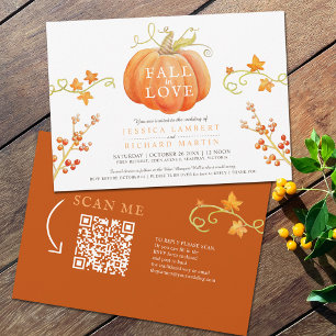 Fall in love watercolor pumpkin autumn QR wedding Invitation