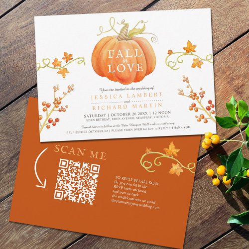 Fall in love watercolor pumpkin autumn QR wedding  Invitation