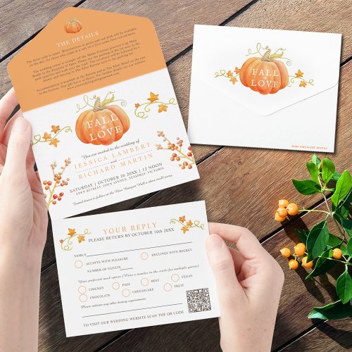 Fall in love watercolor pumpkin autumn wedding QR All In One Invitation