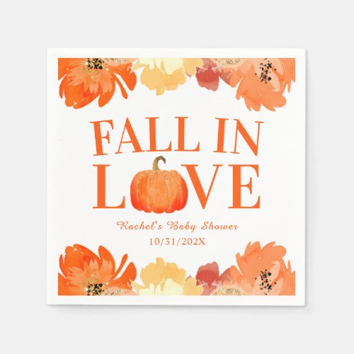 Fall In Love Watercolor Pumpkin Baby Shower  Napkins