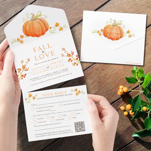 Fall in love watercolor pumpkin fall wedding QR All In One Invitation