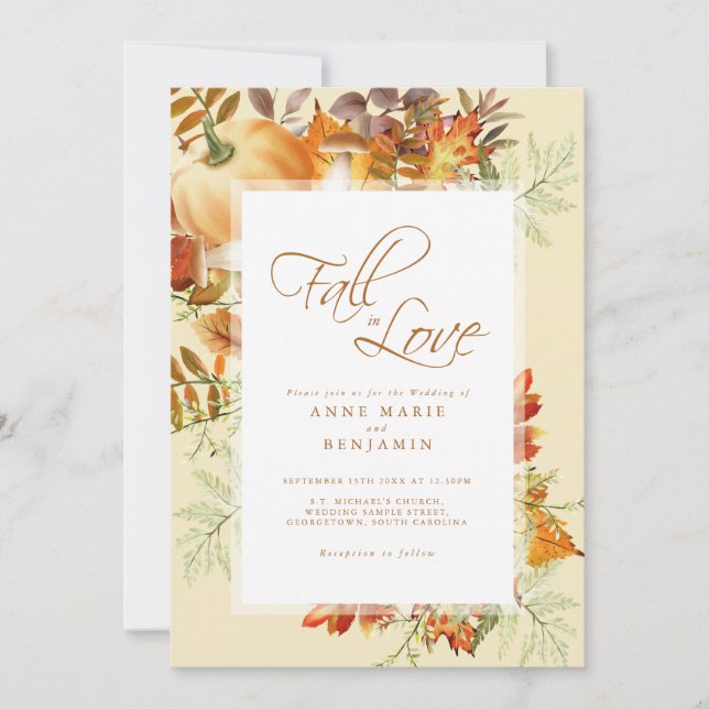 Fall In Love Watercolor Pumpkin Wedding Invitation (Front)