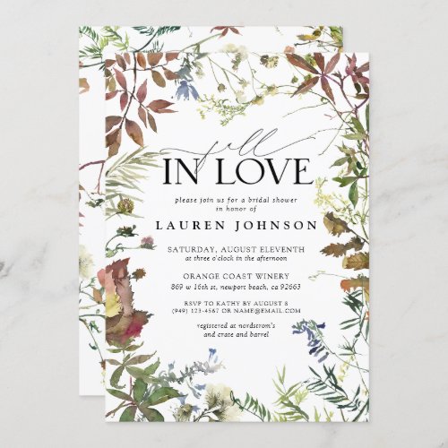 Fall In Love Watercolor Wildflower Bridal Shower Invitation