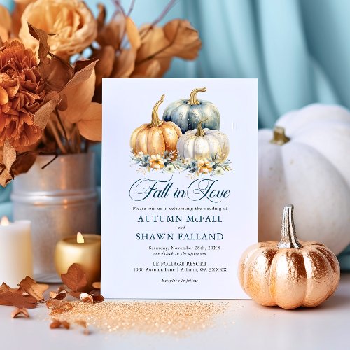 Fall in Love Wedding Gold Blue Pumpkins Autumn Invitation