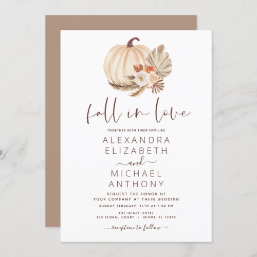 Fall in Love Wedding Pampas Grass Pumpkin Invitation