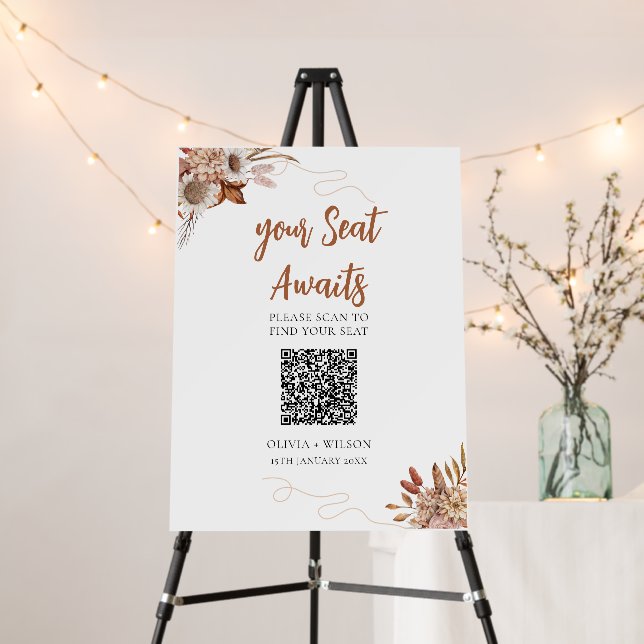 Fall in love | Wedding Seating Chart with QR Code Foam Board (In Situ (Stand))
