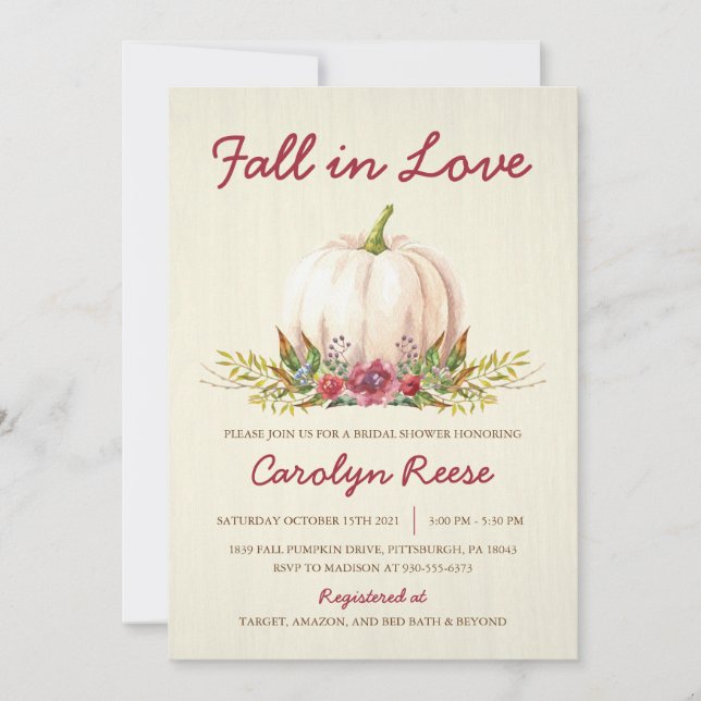 Fall in Love White Pumpkin Autumn Bridal Shower Invitation (Front)