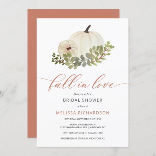 Fall in Love White Pumpkin Botanical Bridal Shower Invitation