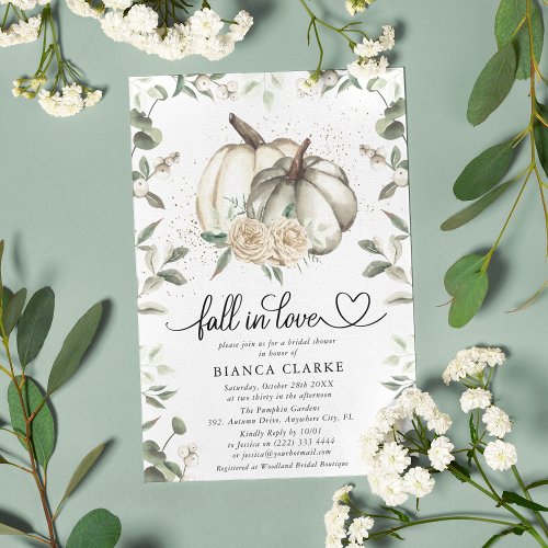 Fall in Love White Pumpkin Greenery Bridal Shower Invitation
